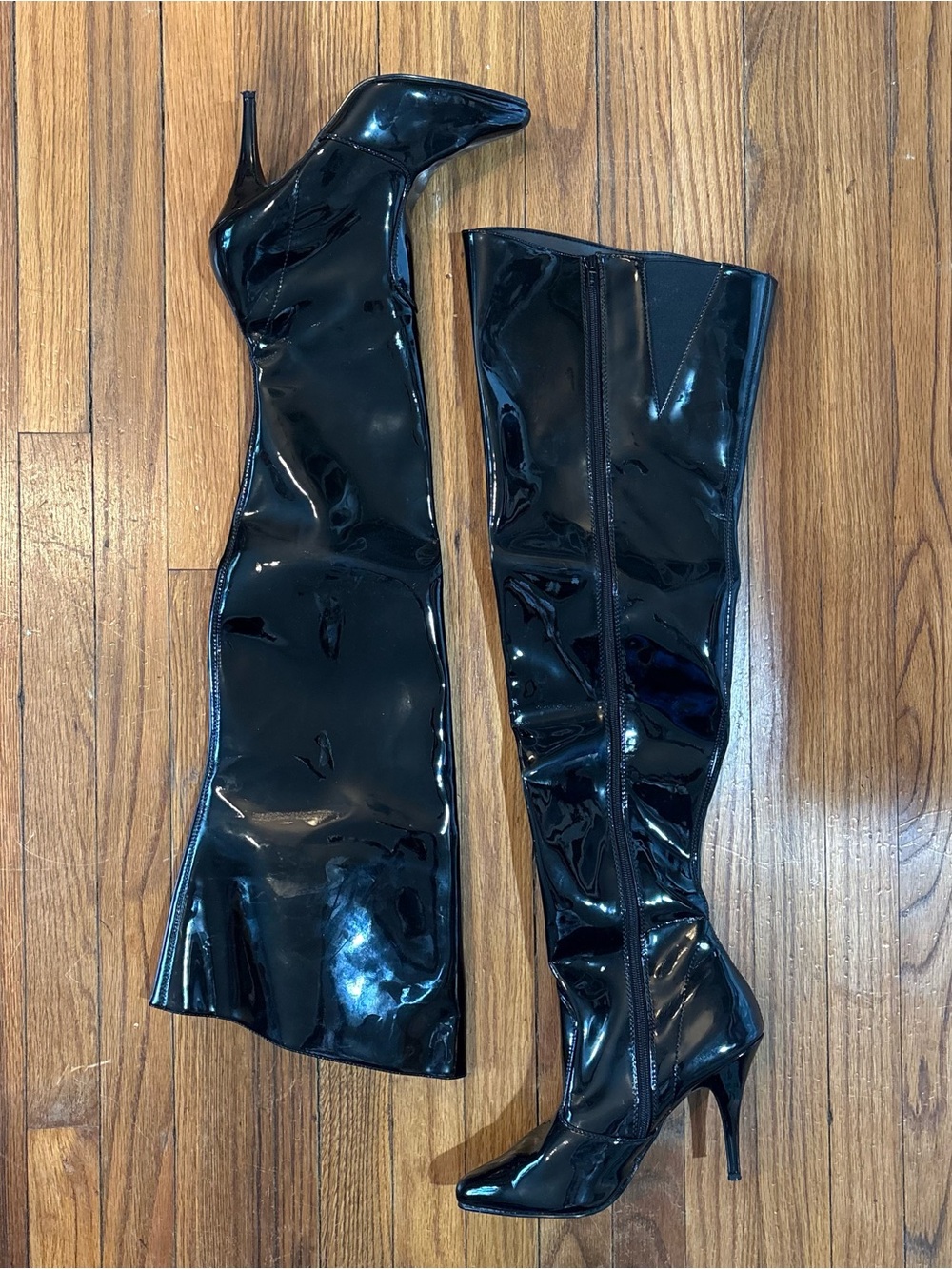 Pleaser Vanity-3010 Black Patent Thigh High Stiletto Boots - Womens Size 10